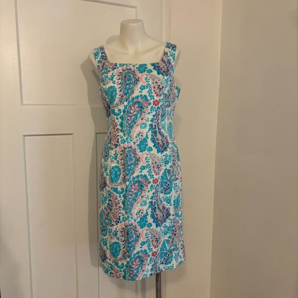 Talbots size 4 Preppy Paisley Bright Colorful Blue and Pink Garden Party Dress - Picture 1 of 7